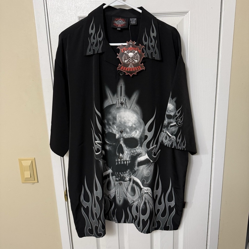 NWT Dragonfly Roadhouse Button-Up Shirt Men's 2XL Black w/ Skull with Flames